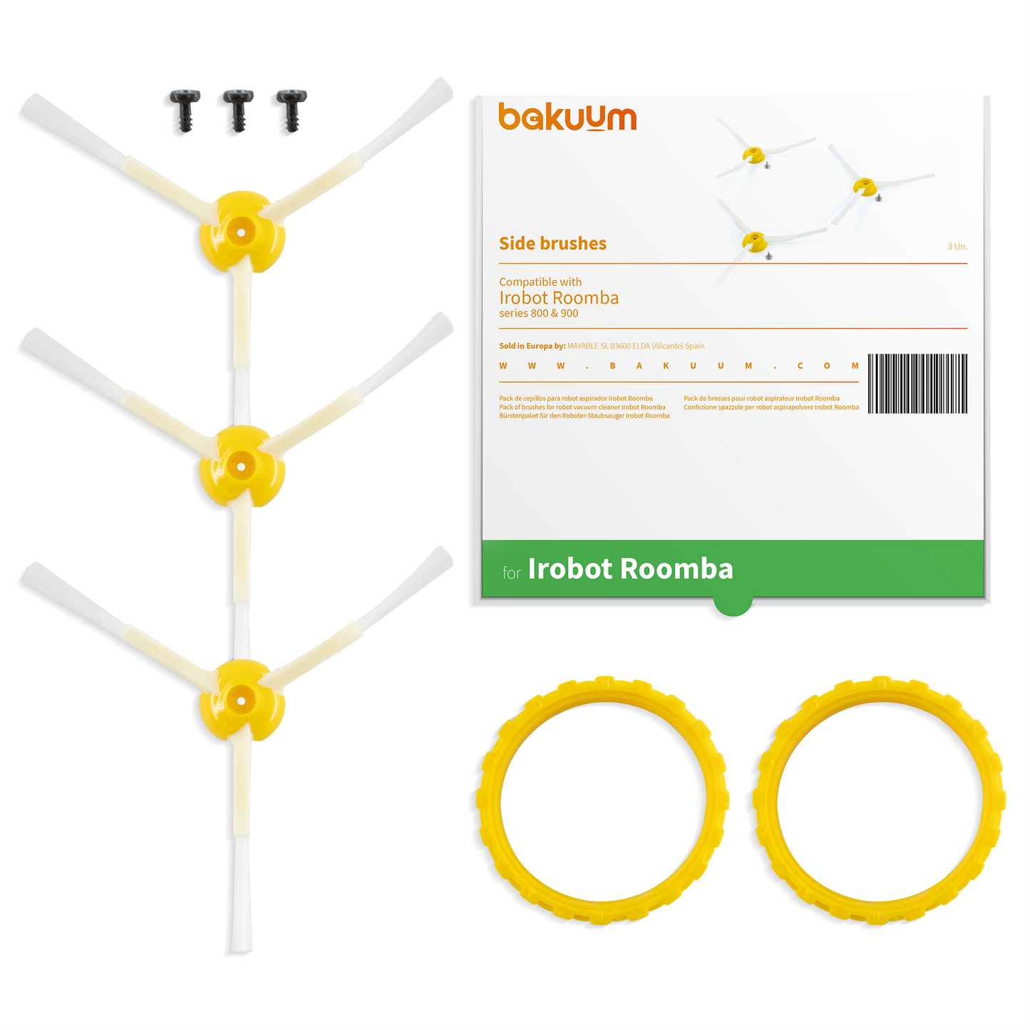 Pack de 3 Cepillos laterales con 3 Tornillos y REGALO 2 neumaticos amarillos para iRobot Roomba Series 800 y 900