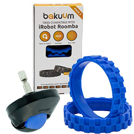 BAKUUM Pack 2 Neumáticos + Rueda Delantera Color Azul para iRobot Roomba Series 500 600 700 800 900 i7 e5. Gran adherencia, antideslizante