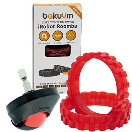 BAKUUM Pack 2 Neumáticos + Rueda Delantera Color Rojo para iRobot Roomba Series 500 600 700 800 900 i7 e5. Gran adherencia, antideslizante