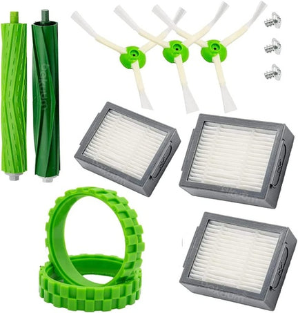 BAKUUM Pack 2 Neumáticos Verdes, 3 Escobillas, 3 Tornillos, 2 Rodillos Centrales, 3 Filtros Hepa. Accesorios para iRobot Roomba Serie e5154 e5158 E6 E7 i7 i7+ i8 i8+ j7 j7+ i6 i6+ i4 i4+